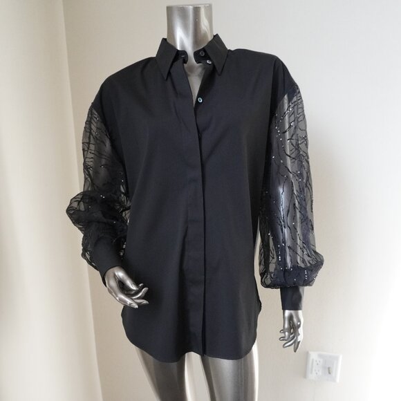 Brunello Cucinelli Black Sequin Blouse Button Down Sheer Sleeves Medium New Tags - Picture 1 of 8